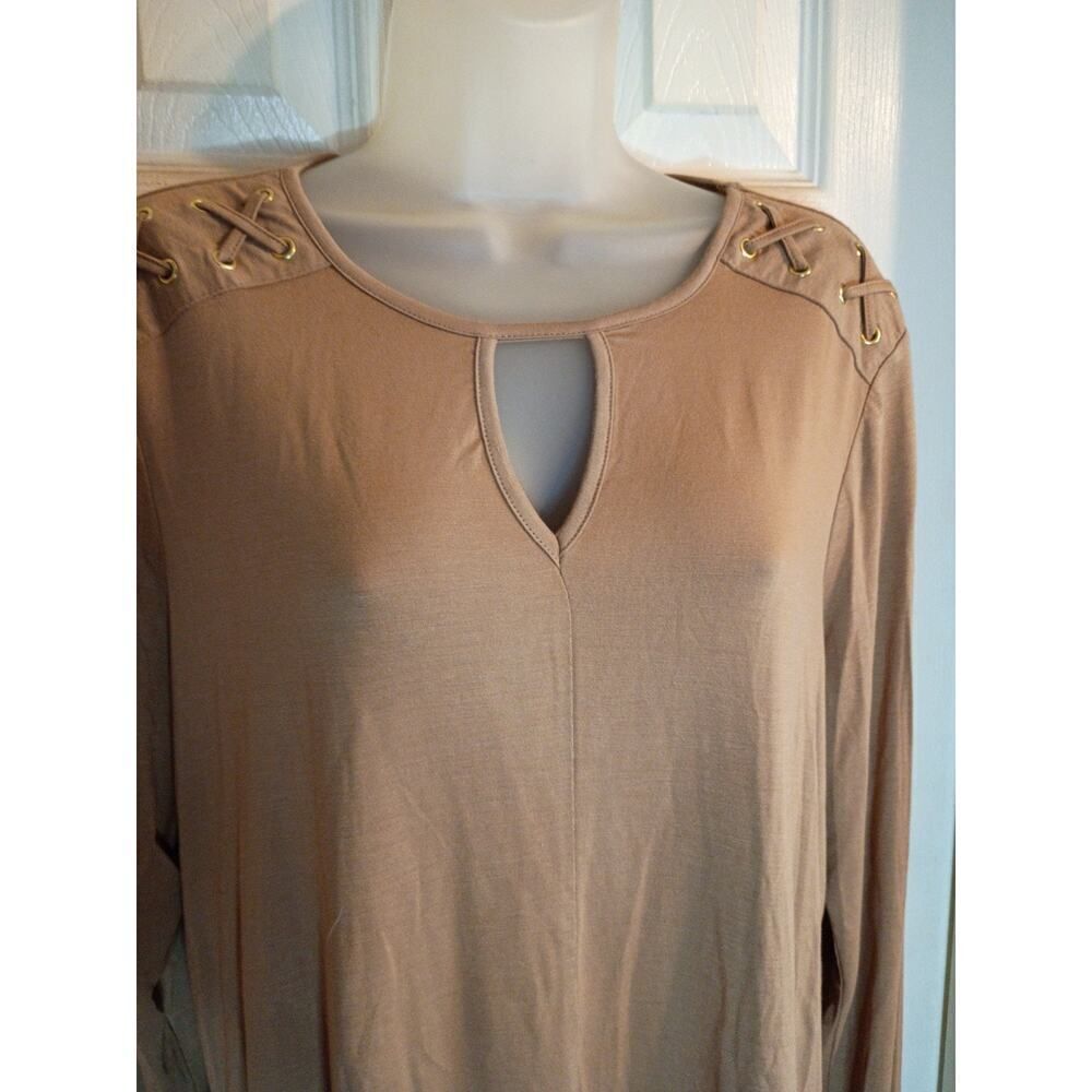 Chicos Top Brown Sz 2 L Liquid Knit Stretch Business Casual